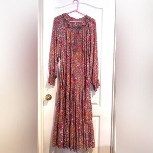 Free People Feeling Groovy Floral Tiered Long Sleeve Maxi Dress Burgundy Multi L
